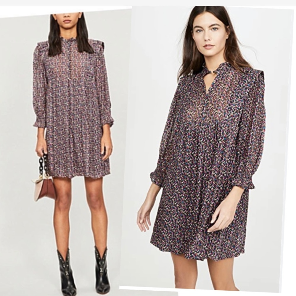 Ba&sh Dress Robe Deep Abstract Print Silk Metallic Blouson Sleeve Tuckernuck - Picture 2 of 11